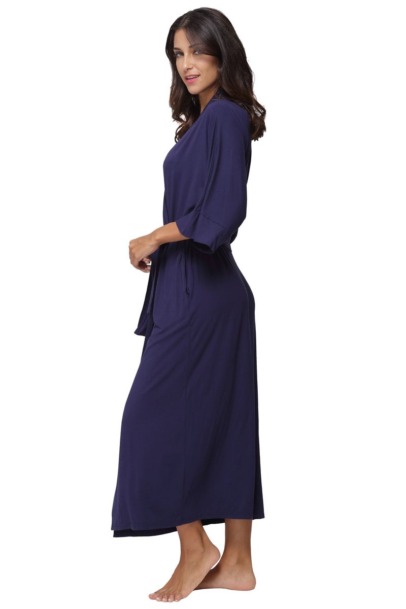 MissNina Women's Soft Kimono Long Robes Nursing Robes Maternity Bathrobes,Navy Blue - Image 4